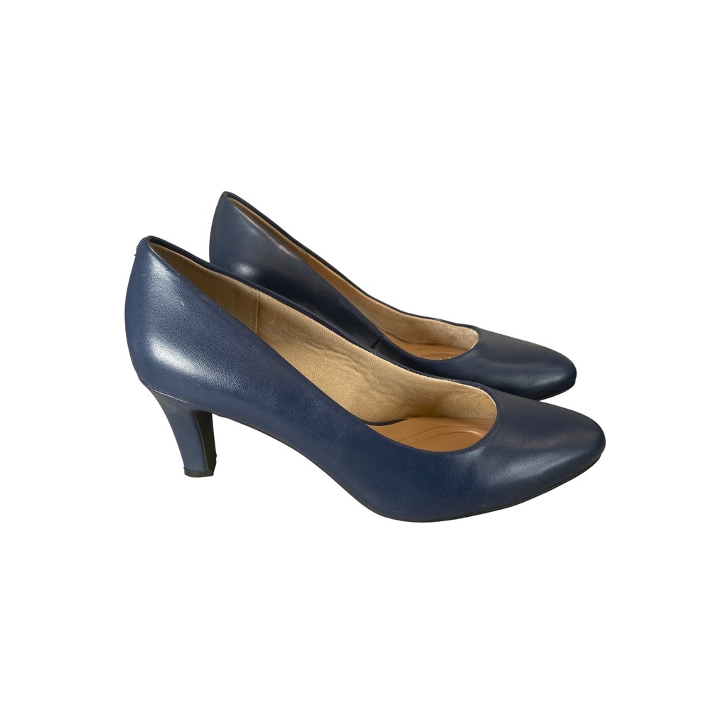 Navy Blue‎ Leather Round Toe Kitten Heel Pumps Women Classic Dress Shoes